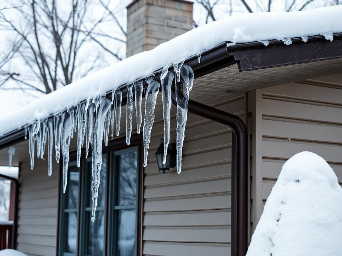 Ice dam and icicles on a Minnesota home